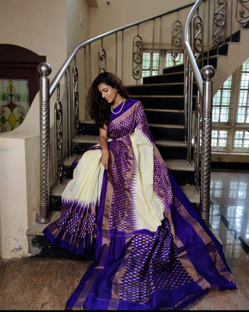 Pochampally-Ikkat-Silk-Cream-Blue-Sari-Weavesarees.com